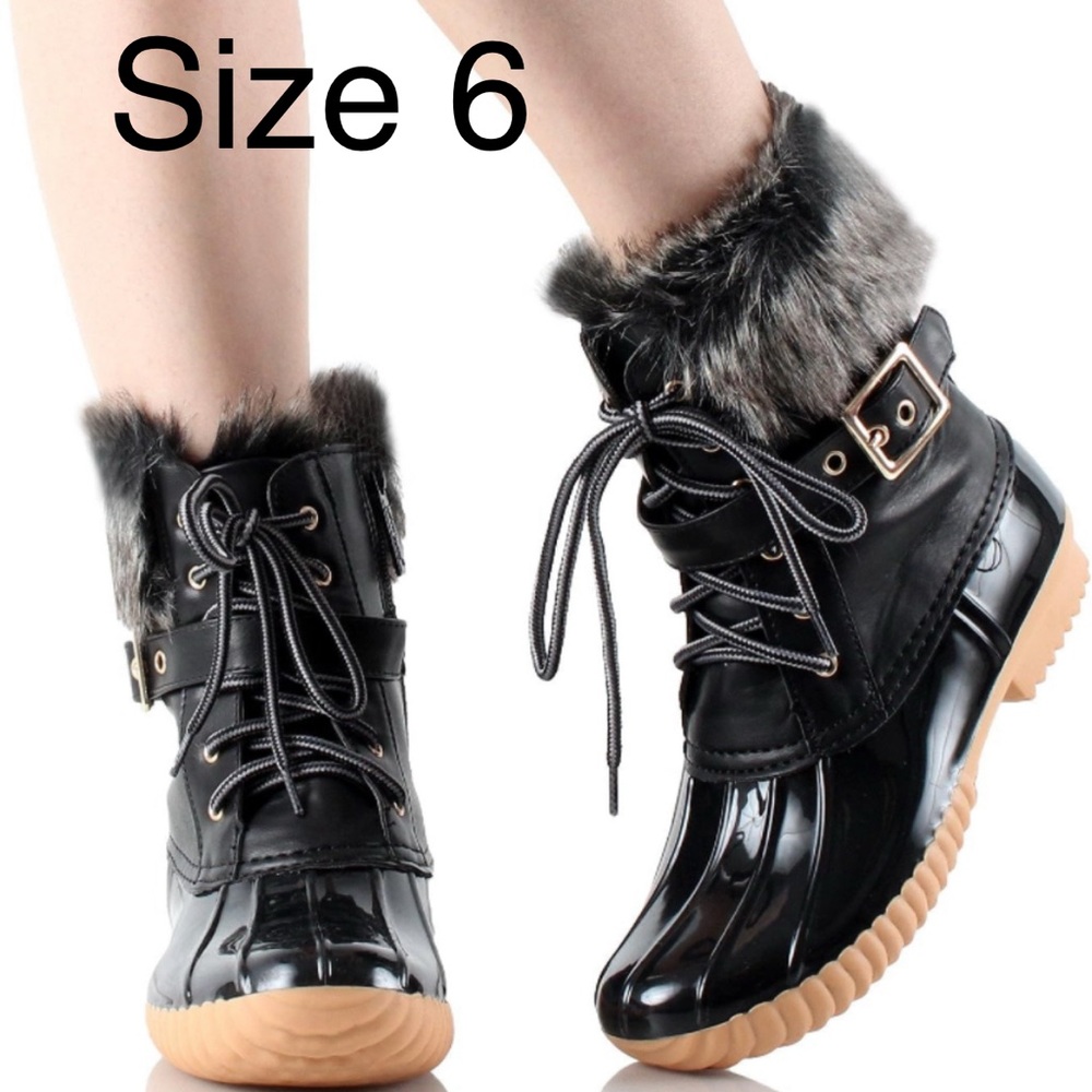 Black Faux Fur Lace-Up Women's Boots